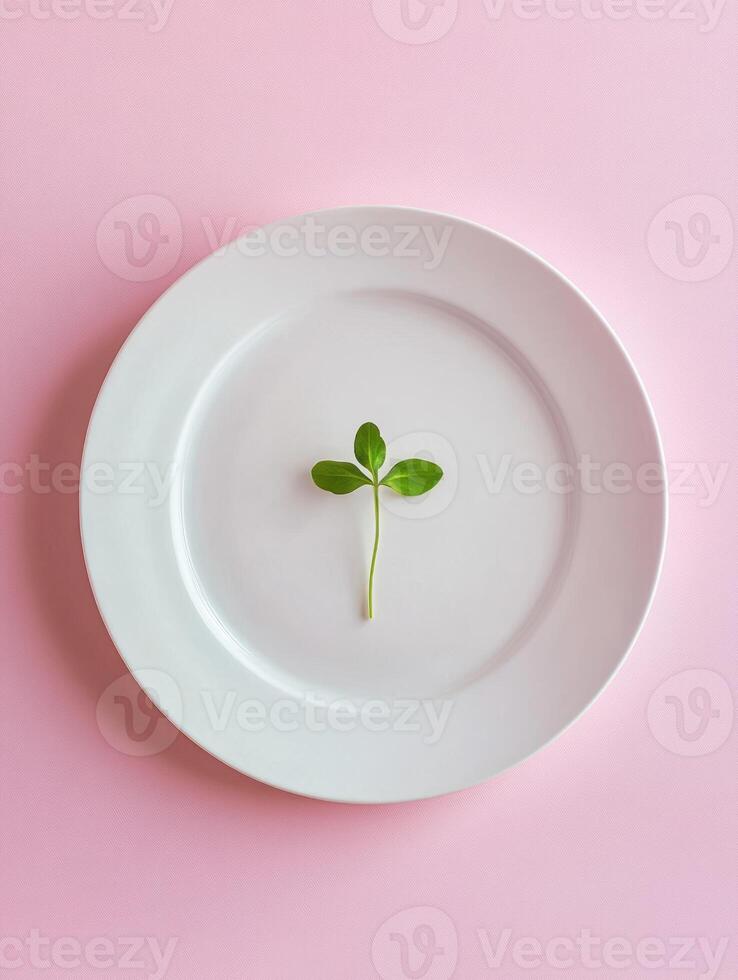 Minimalist art of white ceramic plate with single green leaf on soft pink background photo