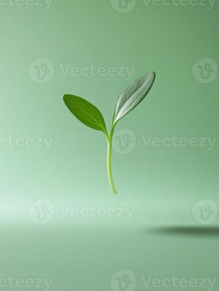 Surreal minimalistic studio shot of a floating green leaf for nature inspired design photo