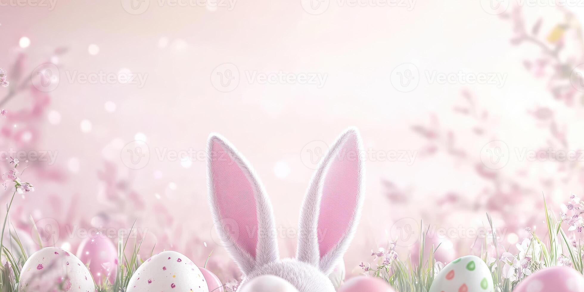 Easter celebration with bunny ears and eggs on a soft pink gradient background photo