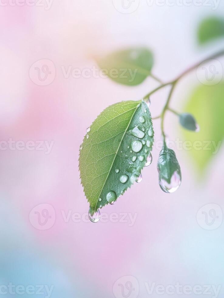 Serene macro capture of raindrops on leaf with soft pastel background photo
