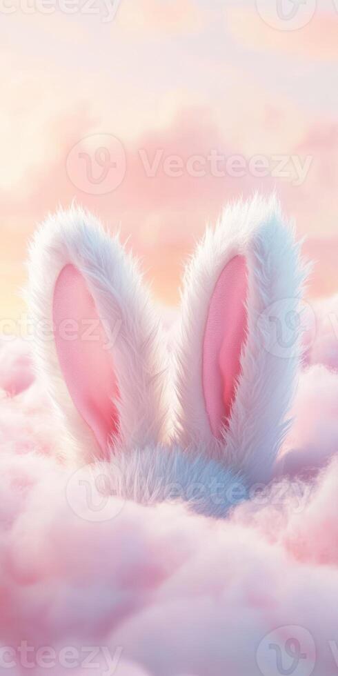 Enchanting pair of fluffy white bunny ears in dreamy pink clouds photo