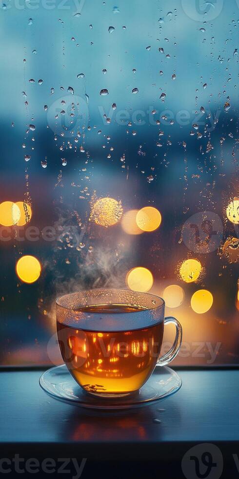 Cozy winter ambiance with a steaming cup by a rainy window photo