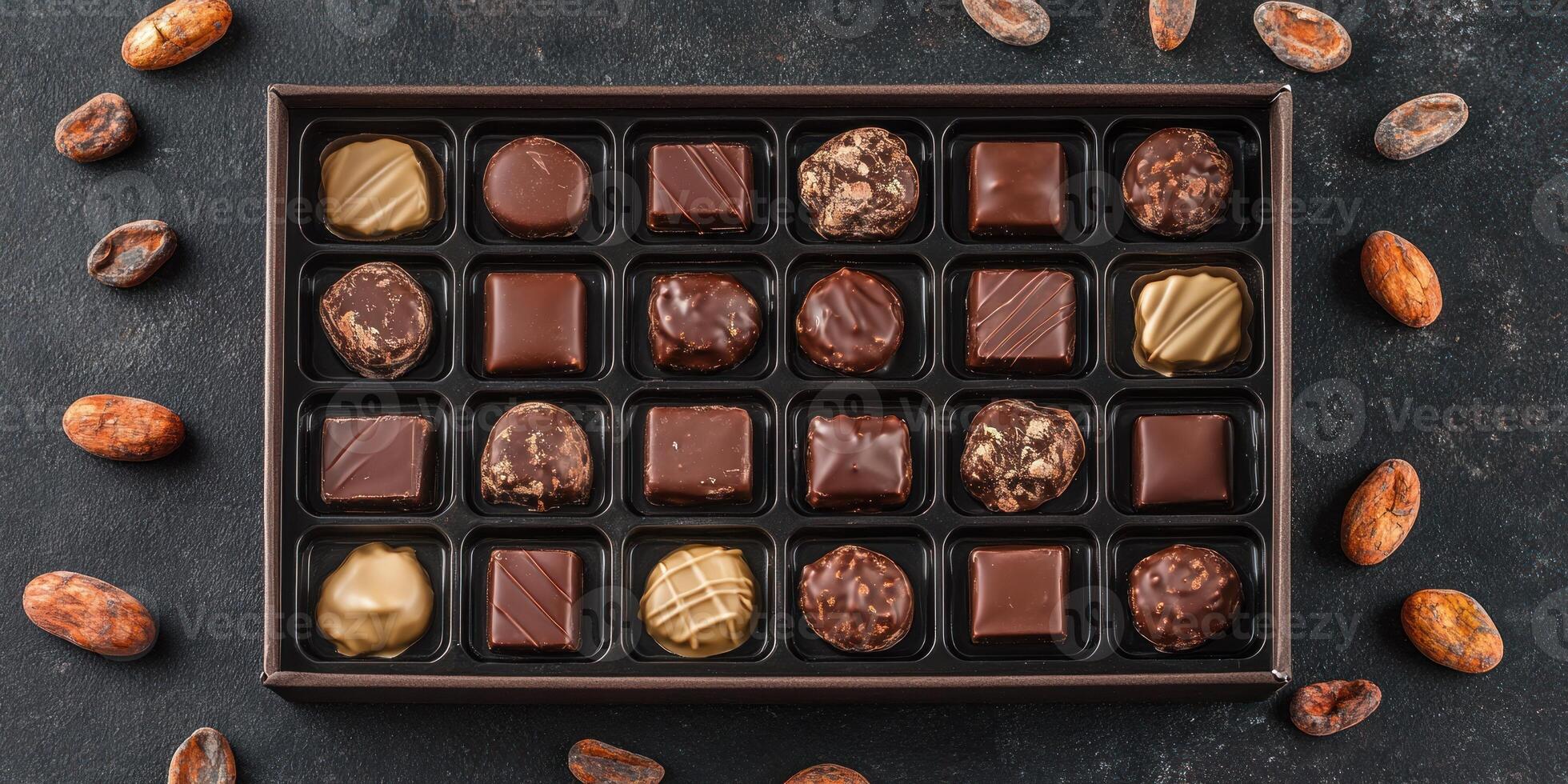 Artistic display of gourmet chocolate assortment with cocoa beans for culinary inspiration photo