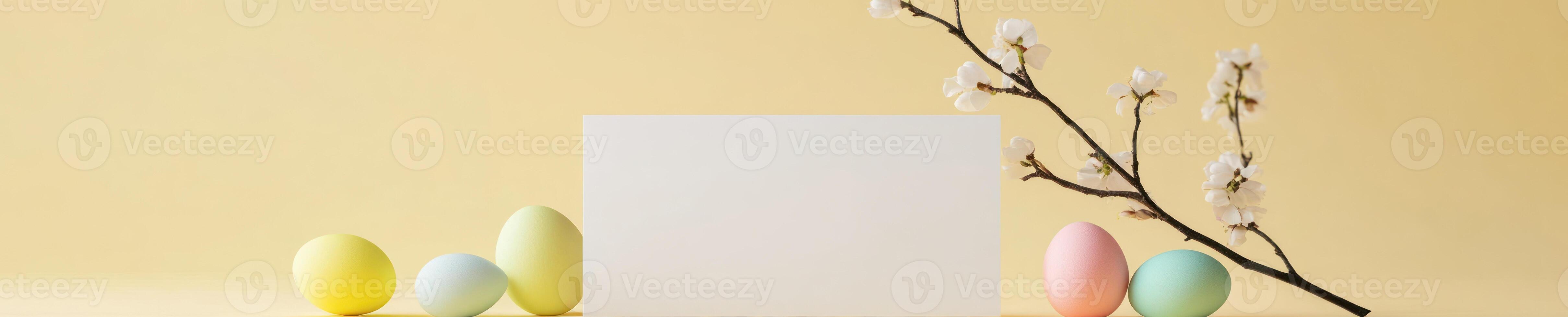 Minimalist Easter greeting card mockup with pastel eggs and blossoms photo