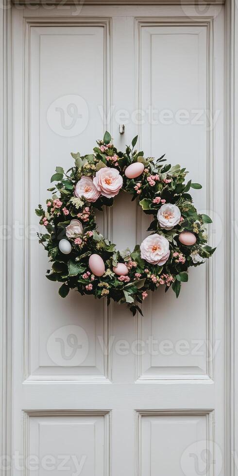 Pastel Easter wreath with soft pink flowers on elegant door for spring decoration photo