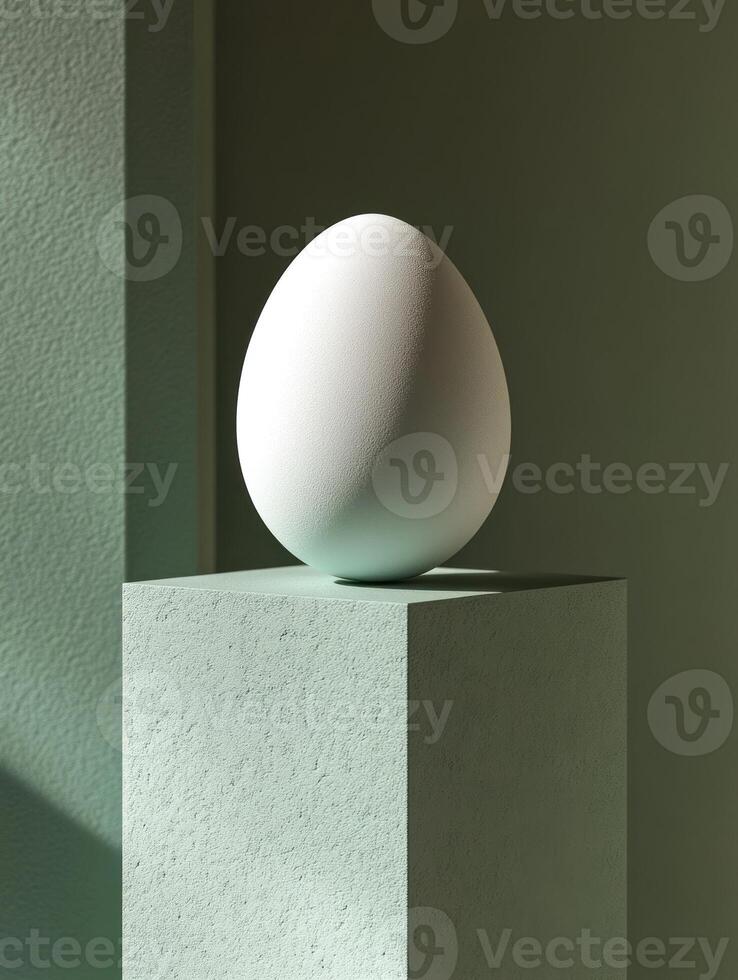 Minimalist Easter egg display on textured green pedestal for holiday design concepts photo
