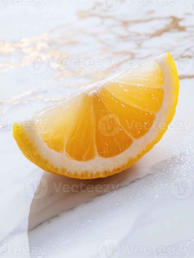 Fresh lemon wedge on elegant white marble surface for culinary and design inspiration photo