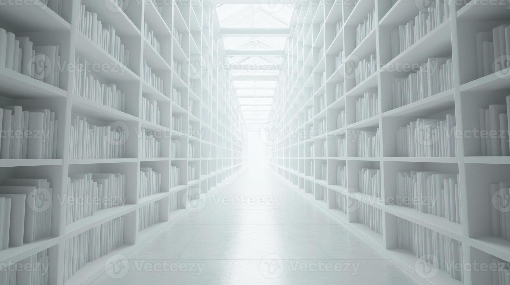Infinite white corridor with endless bookshelves in minimalistic architecture photo