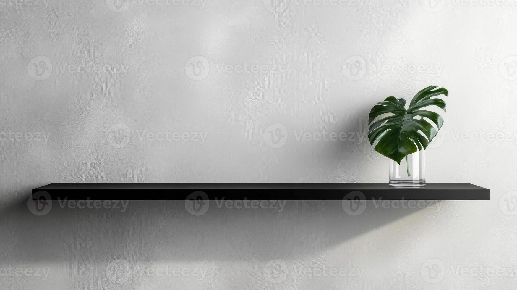 Minimalist interior with black floating shelf and monstera plant for modern home design photo