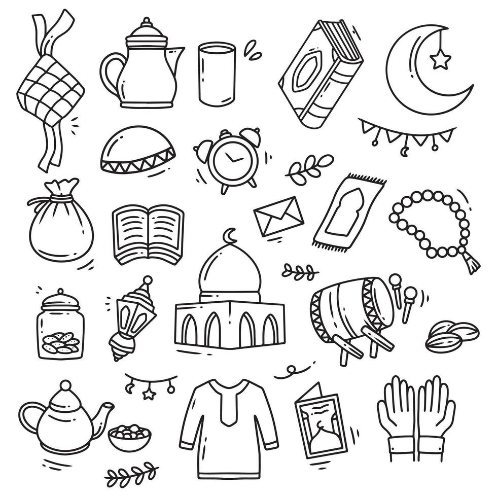 Set of ramadan outline icons. islamic doodle illustration vector