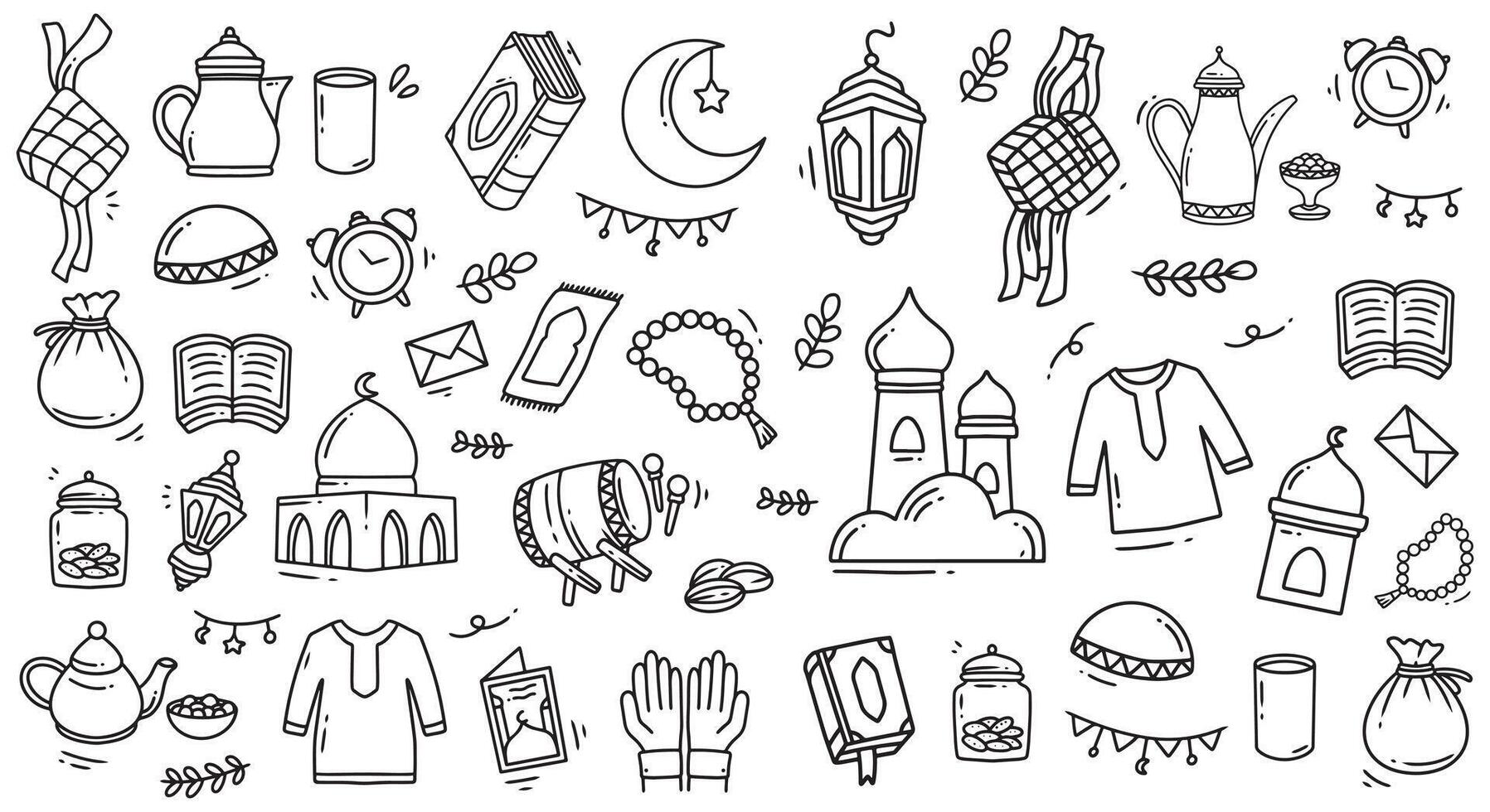 Set of islamic outline icons. Ramadan doodle. vector
