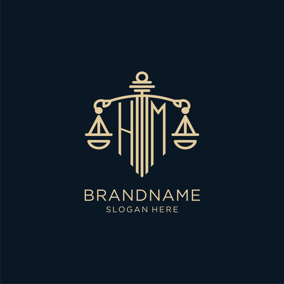 Initial HM logo with shield and scales of justice, luxury and modern law firm logo design vector