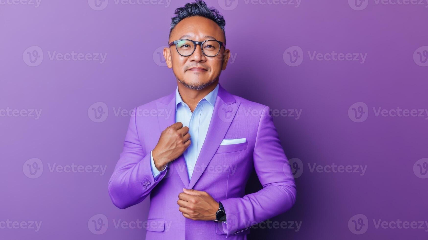 Confident Asian Man in Purple Suit Smiling photo