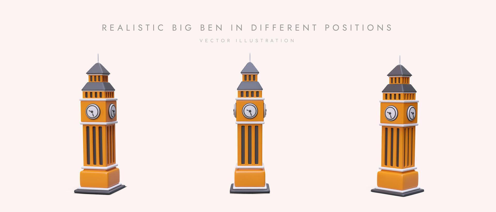 Collection of realistic Elizabeth Towers. 3D figurines of Big Ben with large clock vector