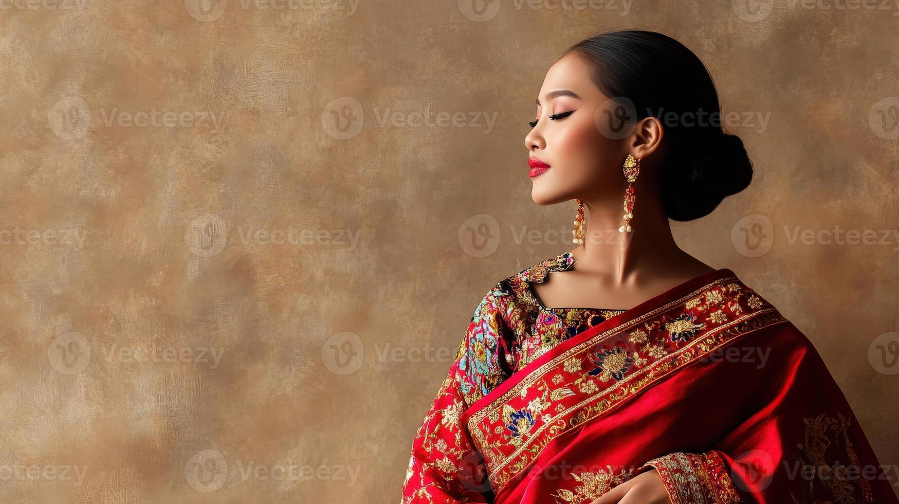 Elegant Woman in Red Embroidered Sari photo