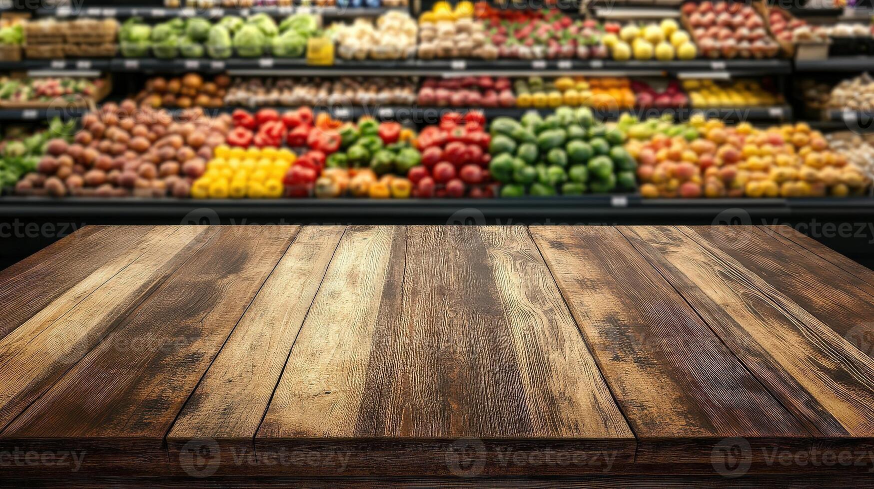 Wooden Tabletop Before A Blurred Produce Display photo