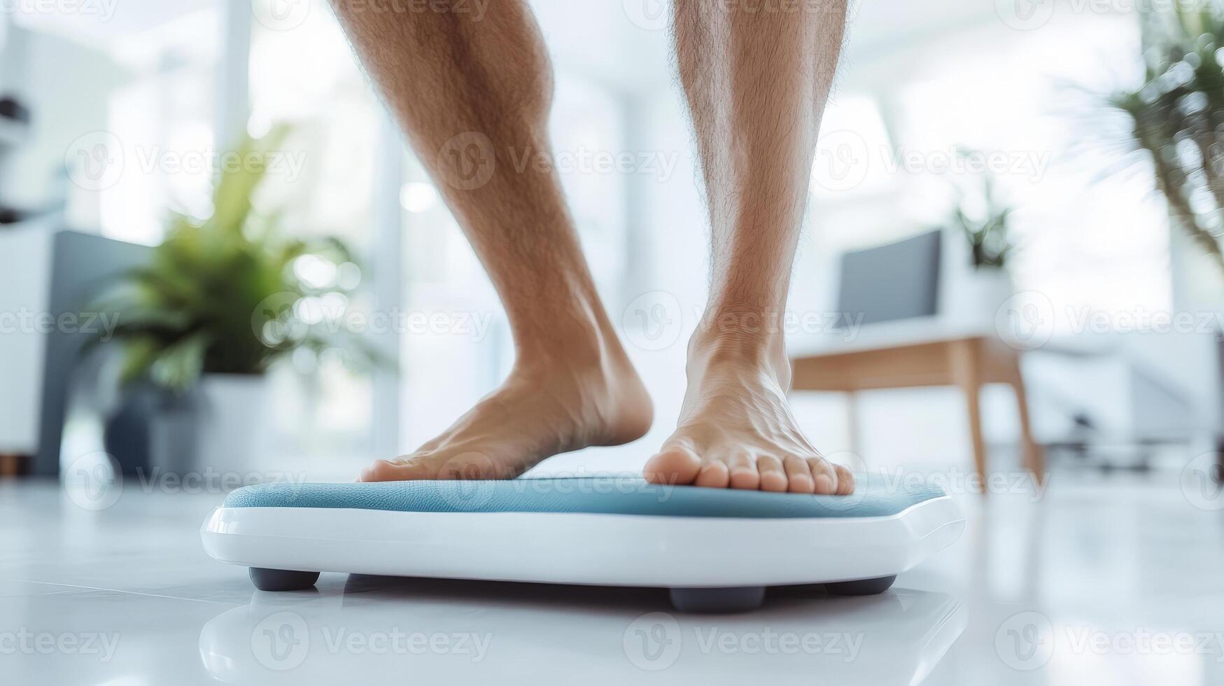 Man weighing himself on a digital scale at home photo