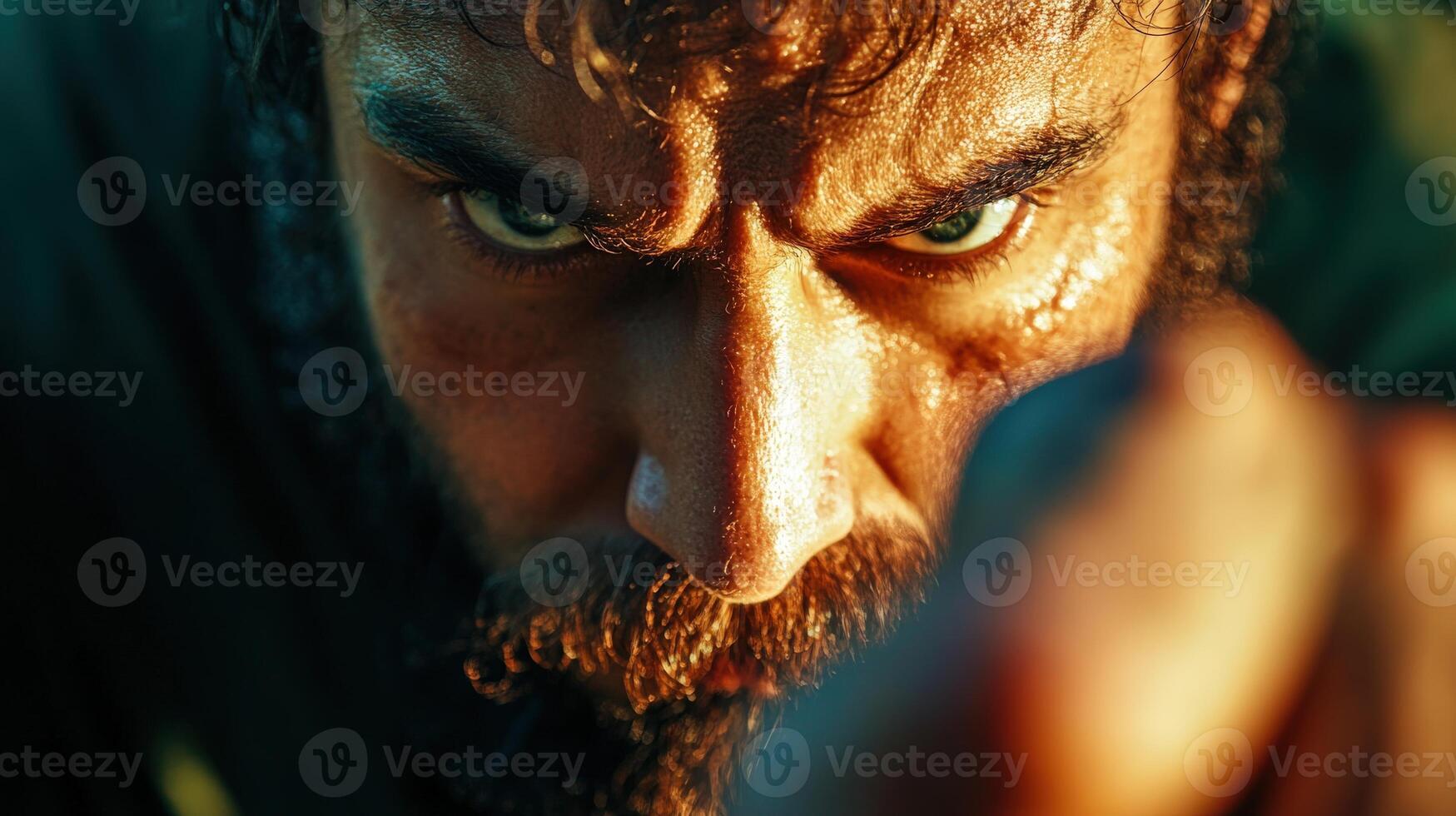 A Sweaty Bearded Mans Intense Gaze photo