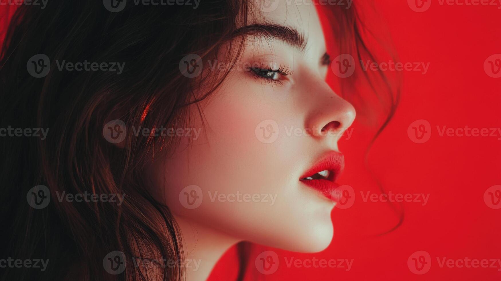 A womans profile against a red background photo