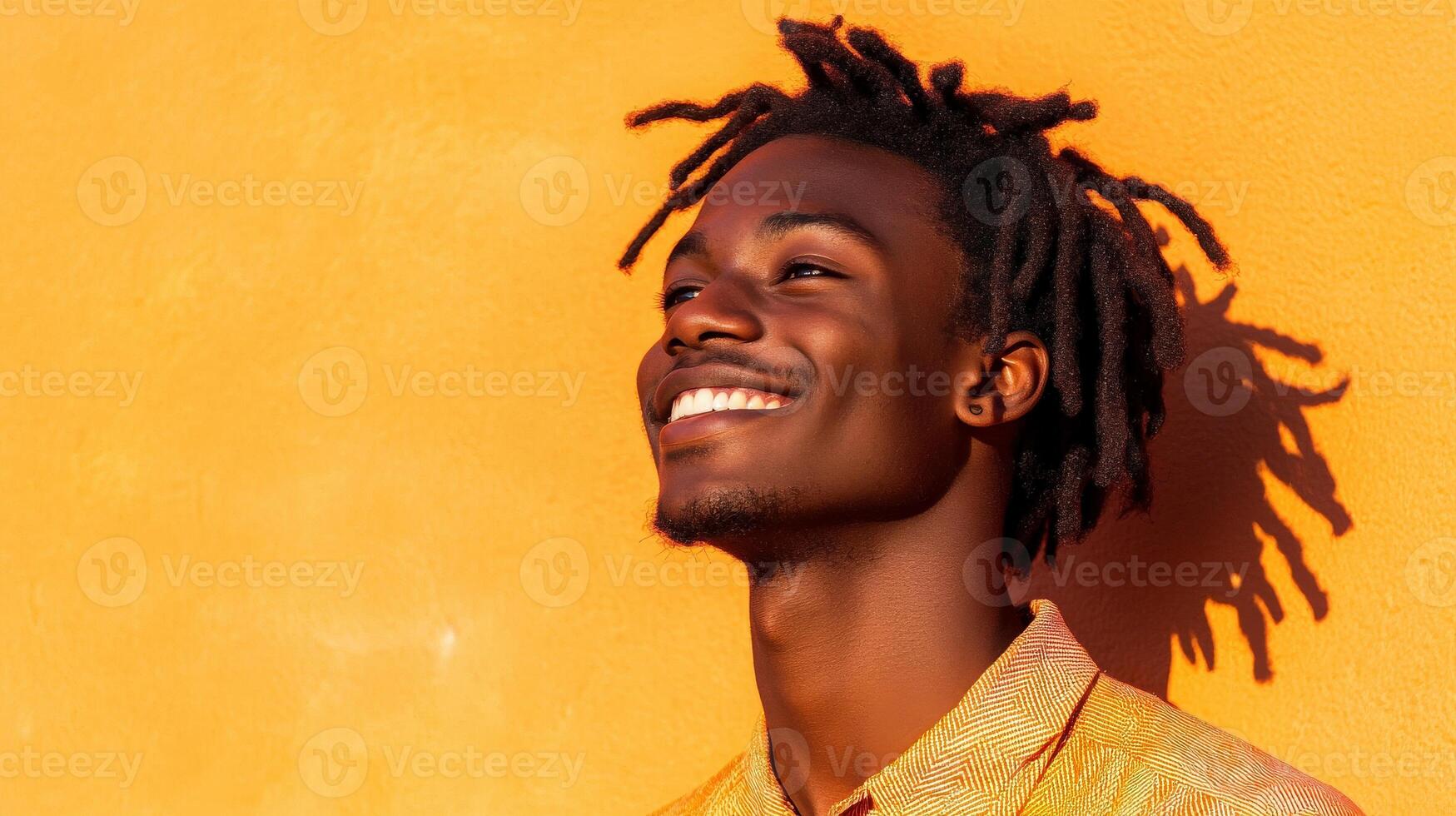 Happy young man with dreadlocks smiling brightly against an orange wall photo
