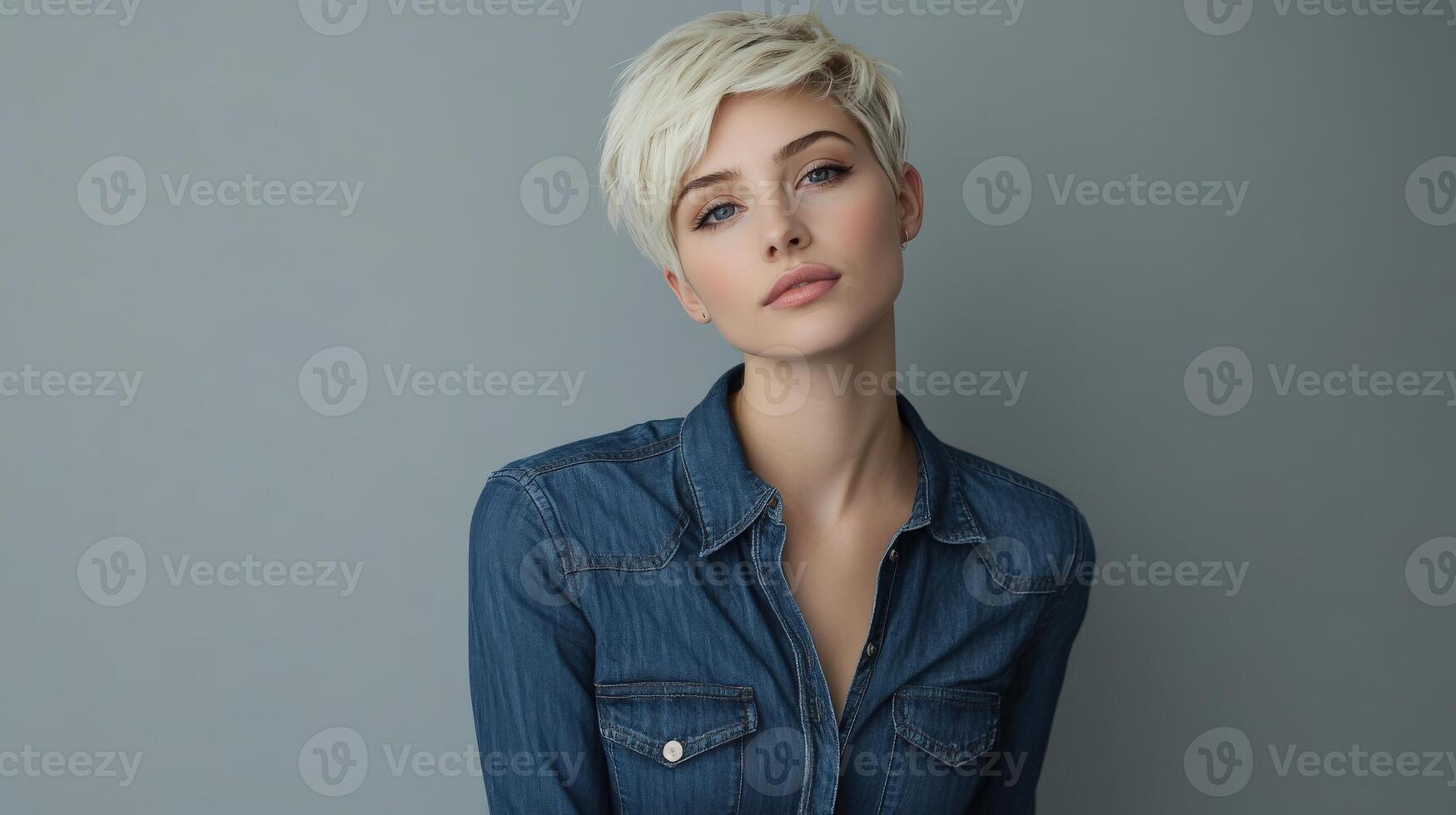 A woman with short blonde hair and a denim shirt photo