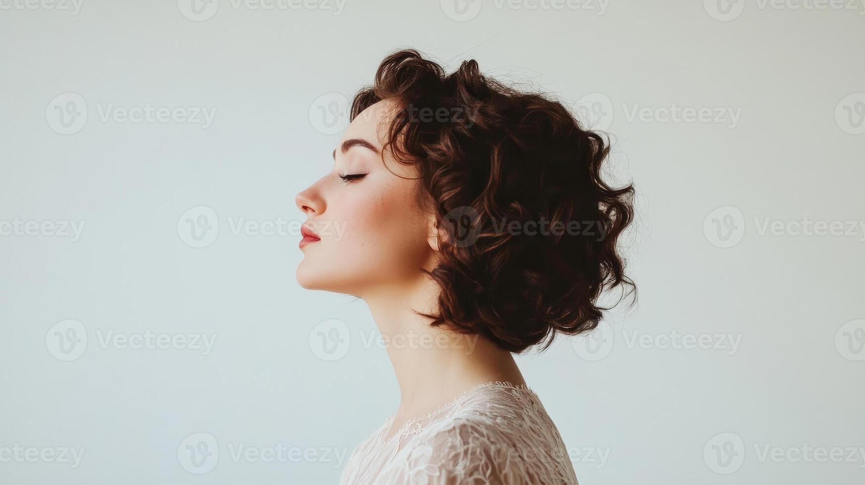 Woman with Short Curly Brown Hair Profile View photo