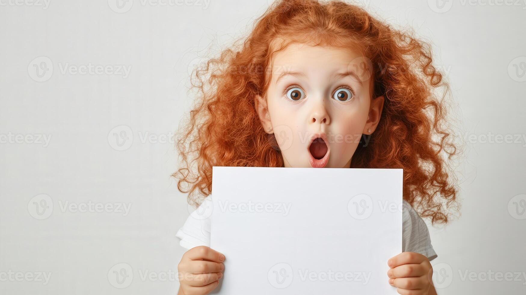 Surprised Redhead Girl Holding Blank White Paper photo