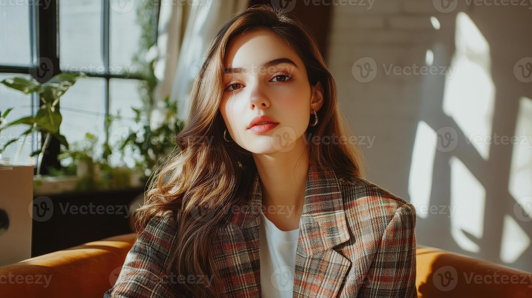 Young Woman Posing in Plaid Blazer Sunlit Room photo