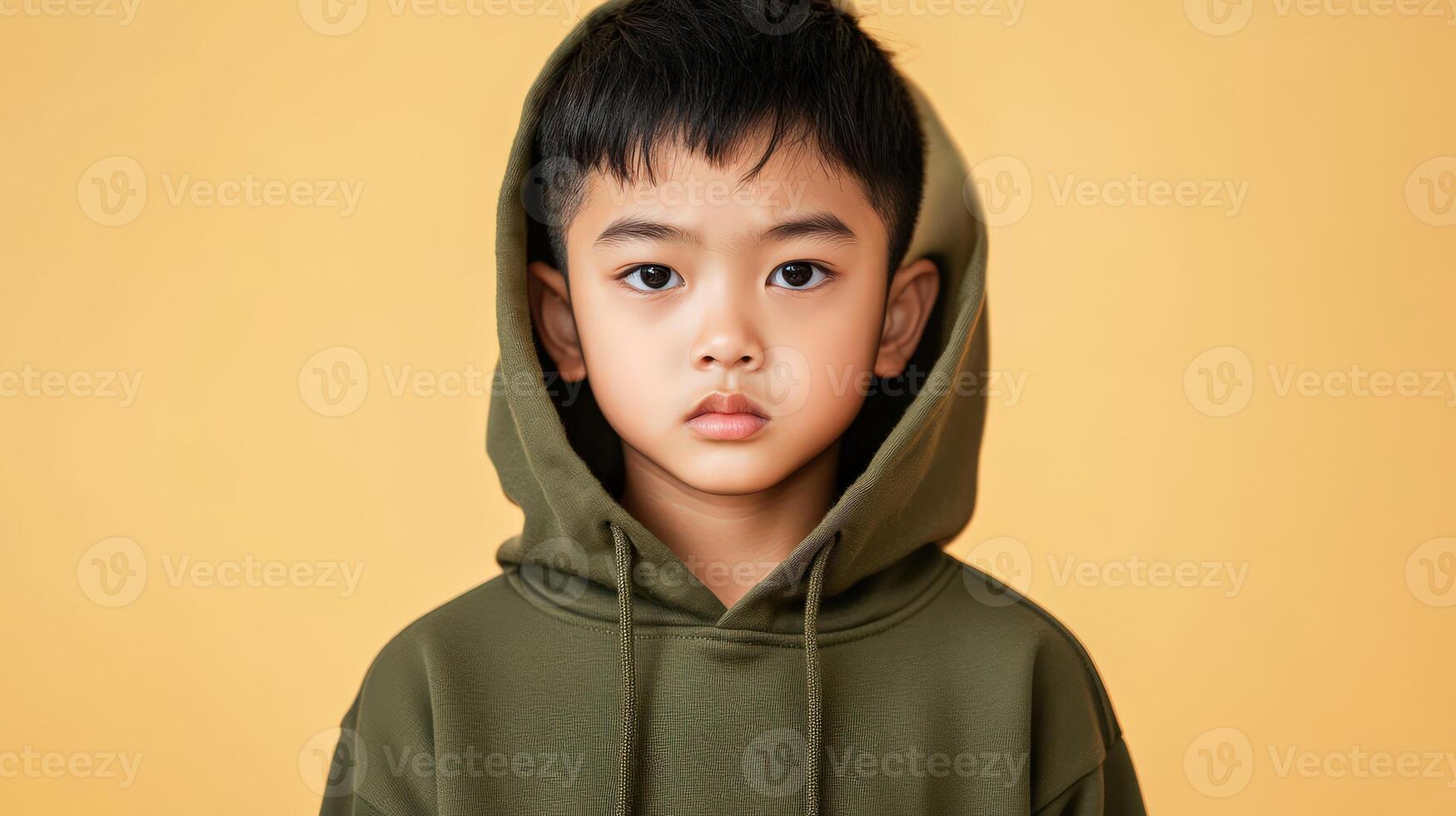 Young Boy Wearing A Green Hoodie Against A Yellow Background photo