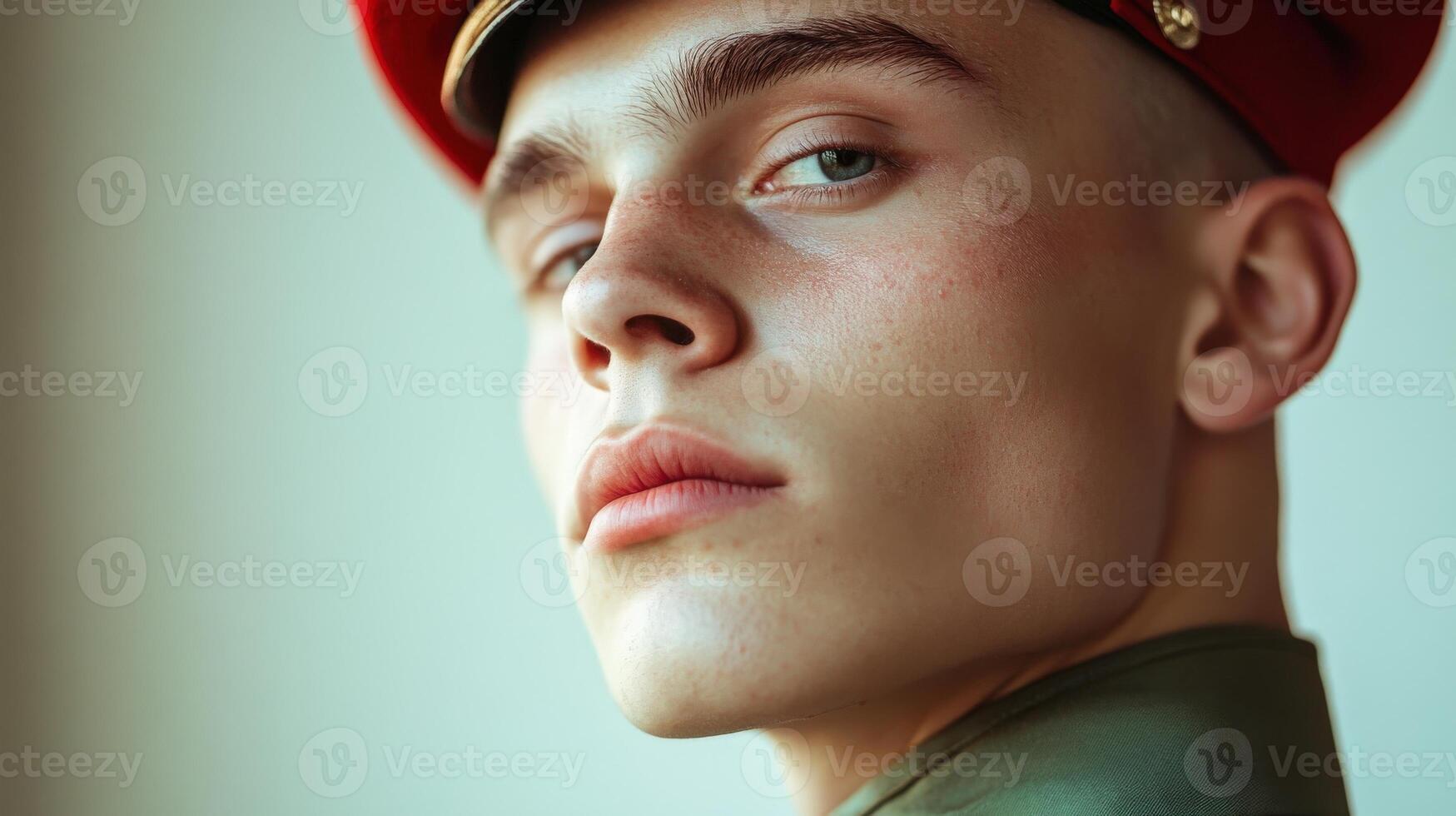 Young Man in Red Military Cap and Green Uniform photo