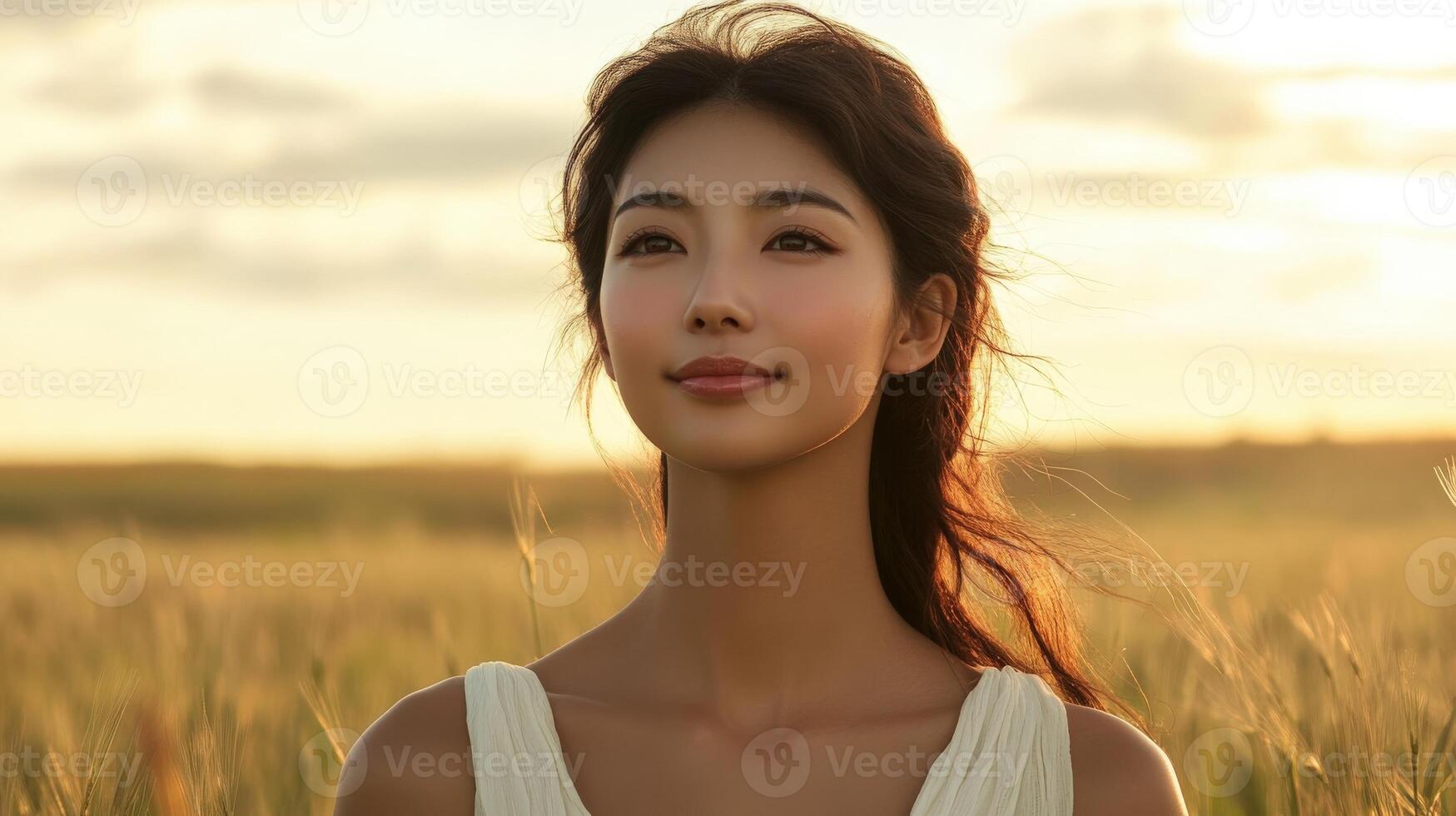 Woman serene in a golden wheat field at sunset photo