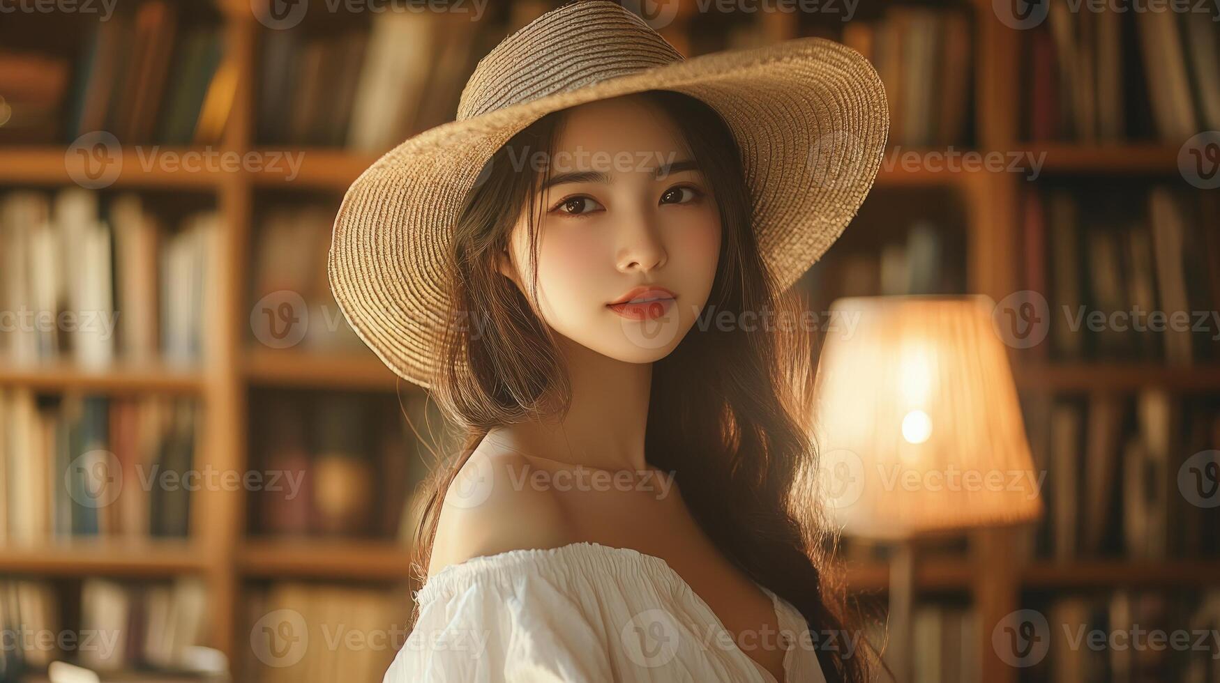 Young Woman Wearing Straw Hat Library Setting photo