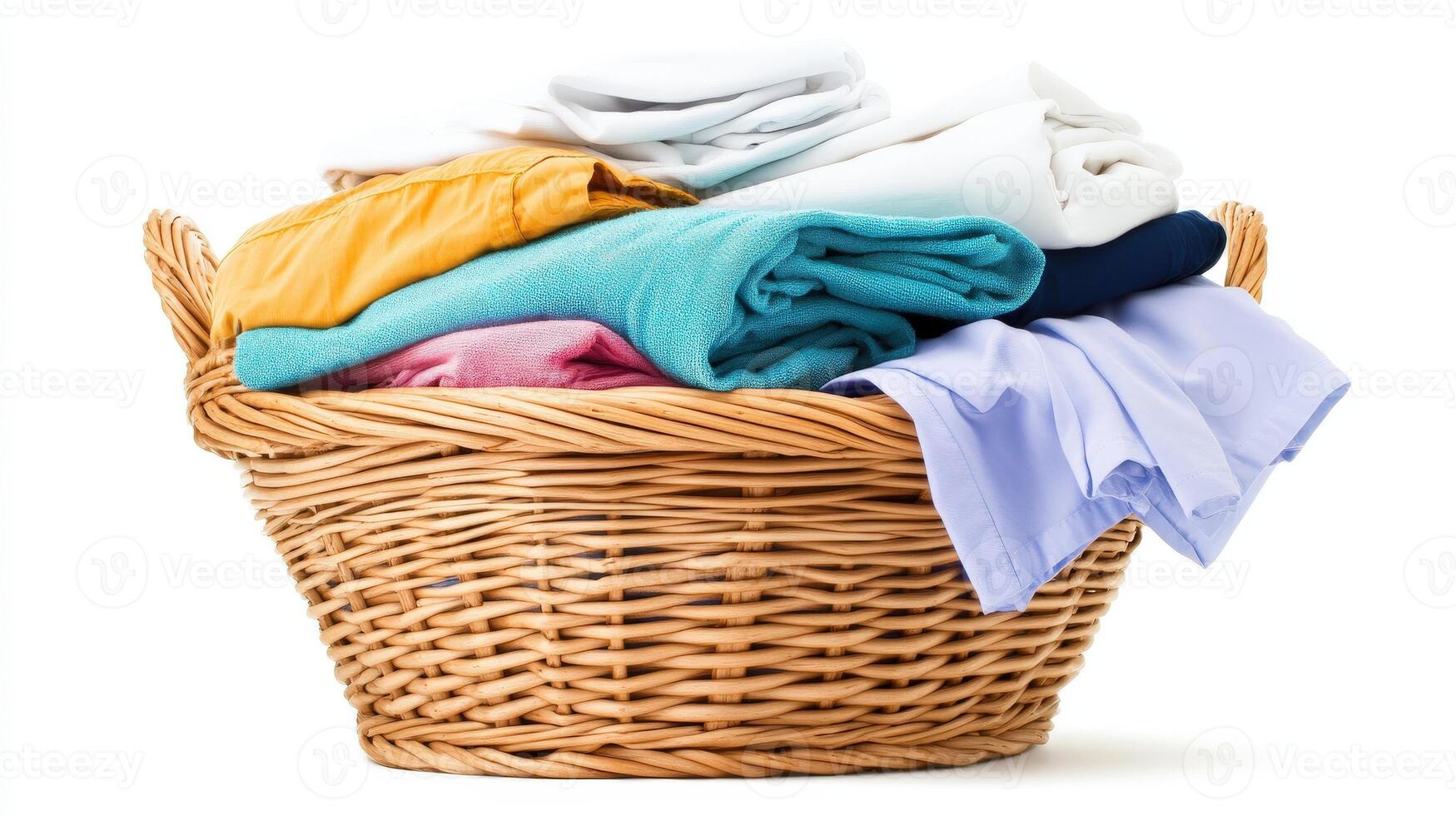 A wicker basket overflowing with colorful folded laundry photo