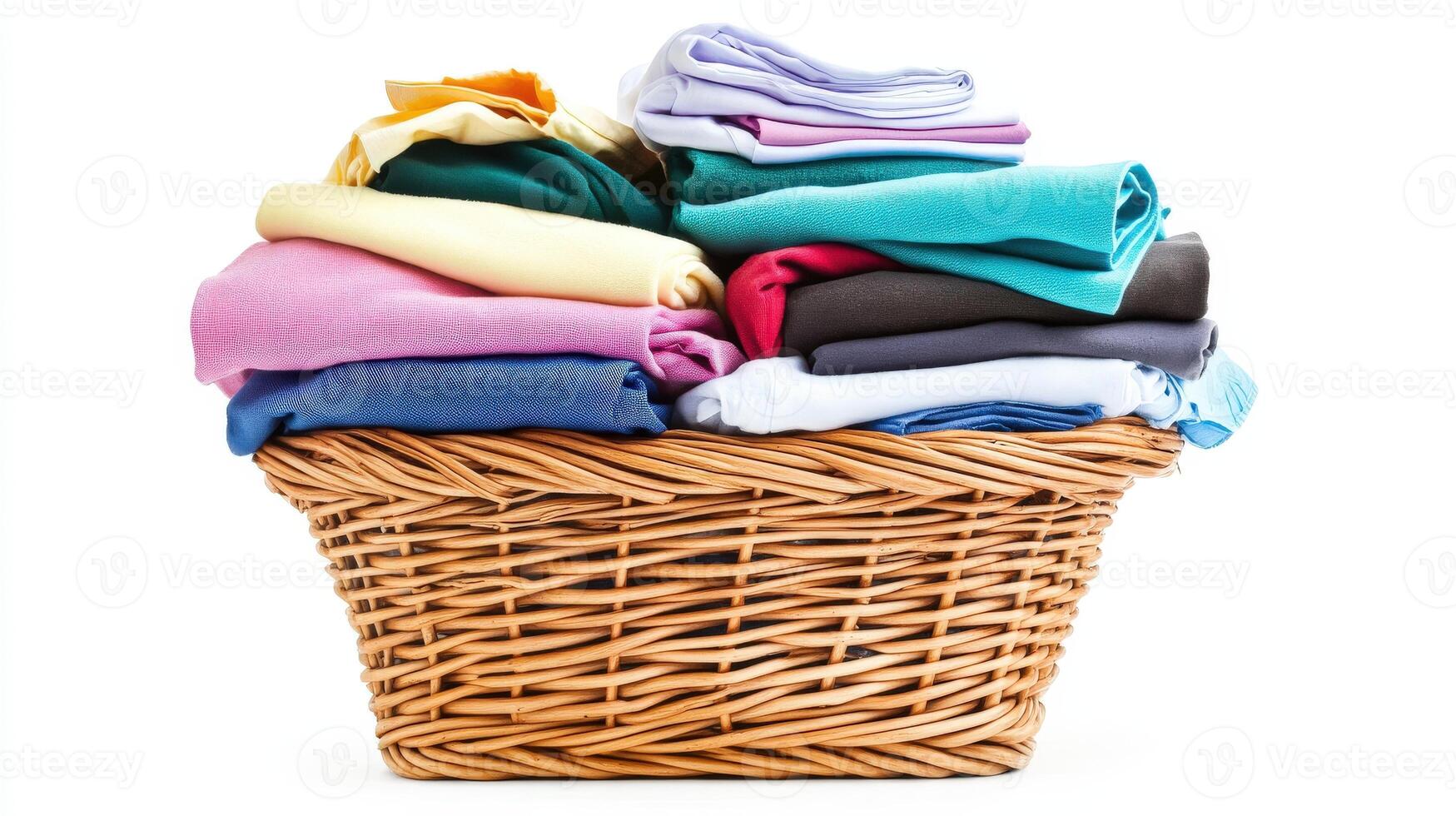 Colorful folded clothes in a wicker laundry basket photo