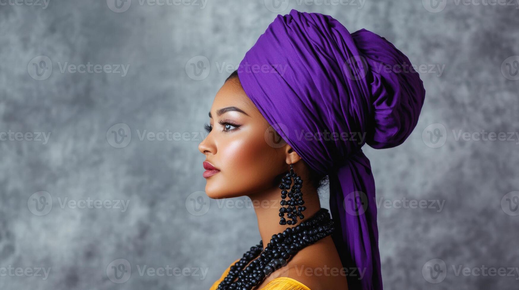 Elegant Woman Profile Purple Headwrap Adorned With Jewelry photo