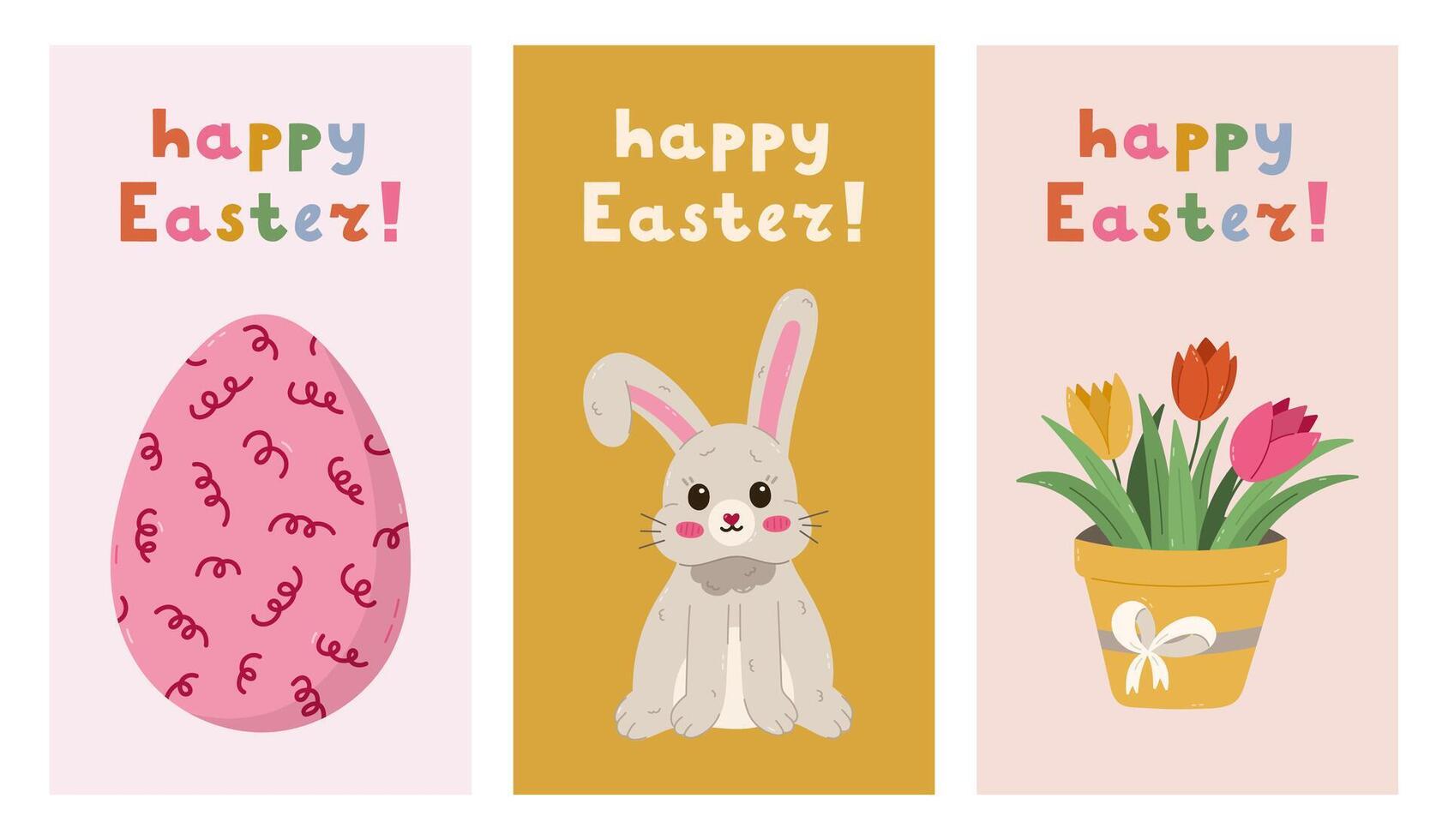 Adorable set of vertical Happy Easter posters with bunny with bent down ear, Easter egg with swirl ornate, tulip. Simple collection of banner, cover, background with colorful clipart and lettering. vector