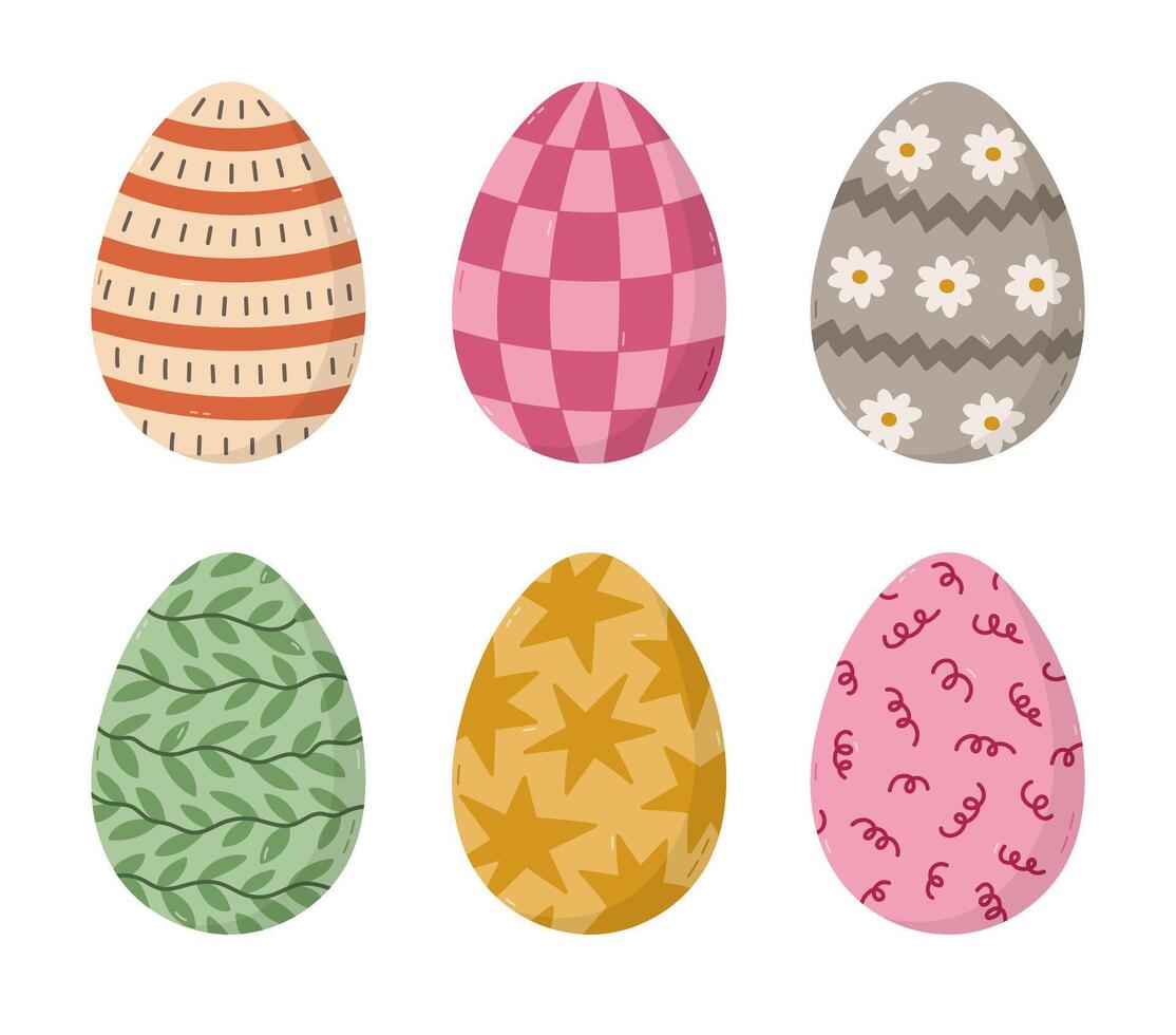 Lovely cartoon set of painted Easter egg with swirl, flower, dot pattern, checkered, leaves, stars. Trendy hand drawn symbol of Easter egg hunt. Cute ornate egg doodle of isolated on background. vector