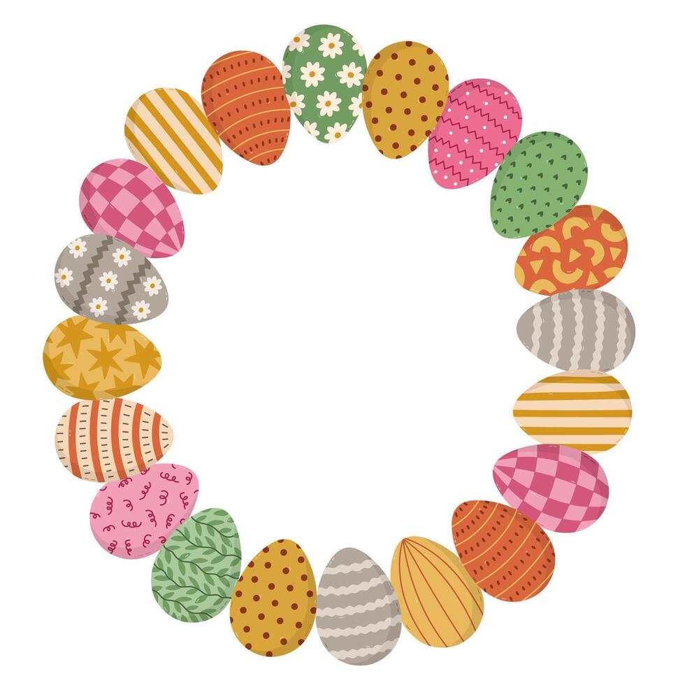 Lovely round frame with Easter eggs in bright colors for poster, design, social media. Multicolor circle wreath for Easter with hand drawn ornate eggs with stripes, check, stars, dot, twirl pattern. vector