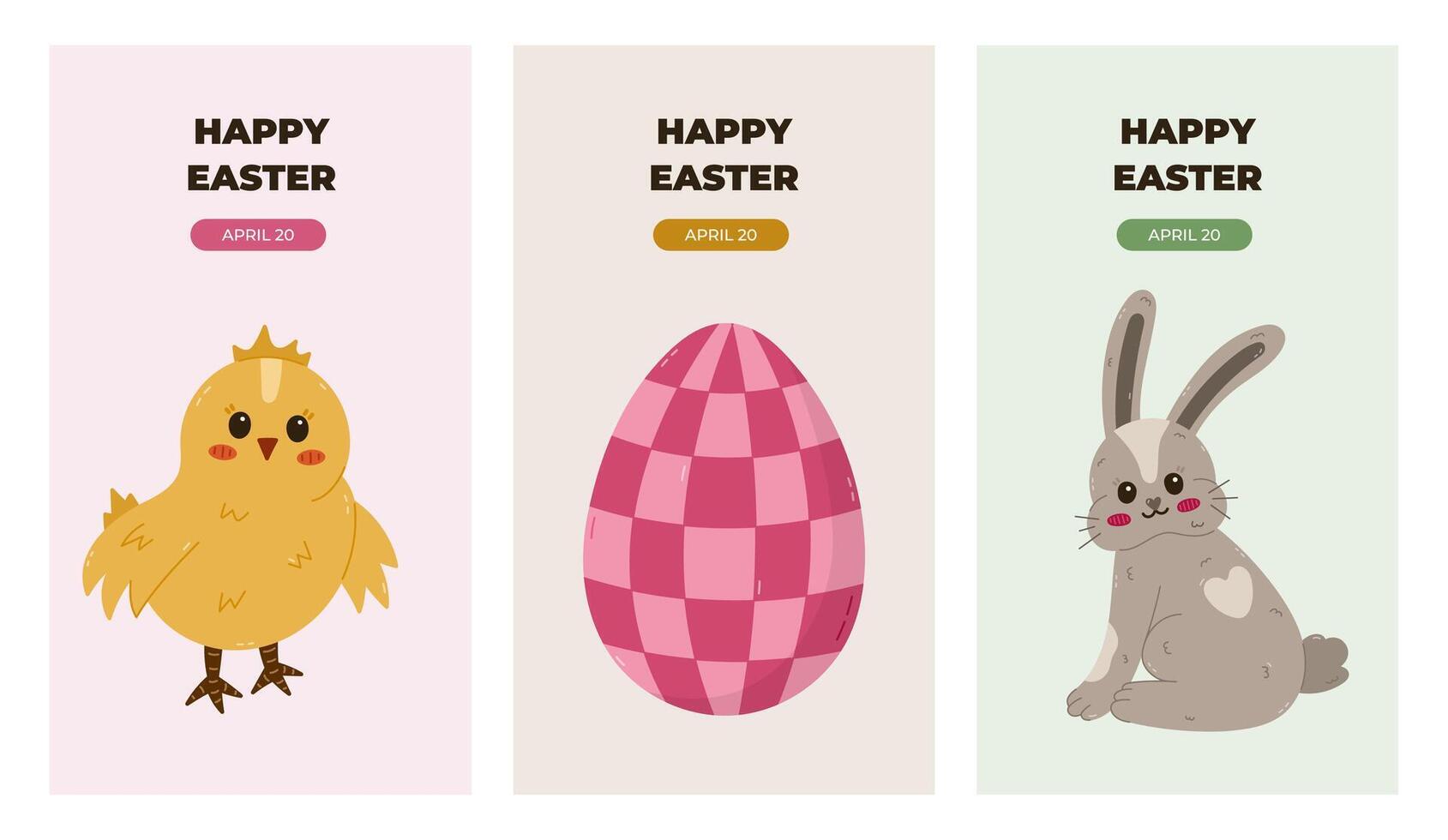 Lovely set of vertical Happy Easter posters in minimalist style with cute baby chick, fluffy Easter bunny, checked painted egg. Trendy collection of banner, cover, background with colorful clipart. vector