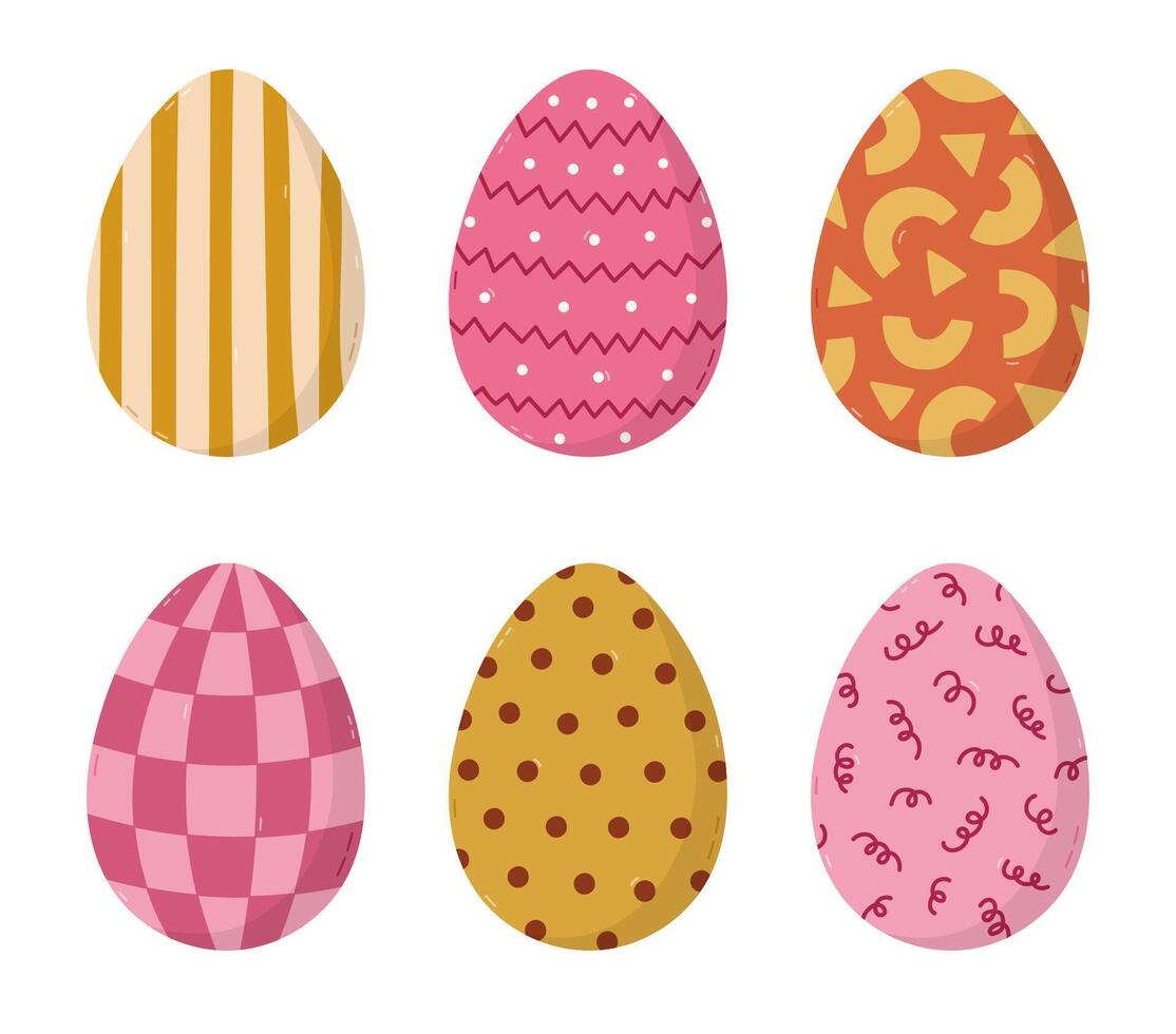 Lovely Easter egg cartoon set with different ornament of geometric shape, stripes, check, twirl, polka dot. Trendy hand drawn symbol of Easter egg hunt. Cute painted doodle of isolated on background. vector
