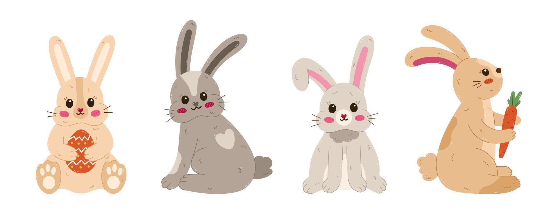 Lovely cartoon set with Easter bunny in different poses, fur. Childish hand drawn rabbit holding Easter egg, standing with carrot, bent down ear, back view. Symbol of traditional springtime holiday. vector