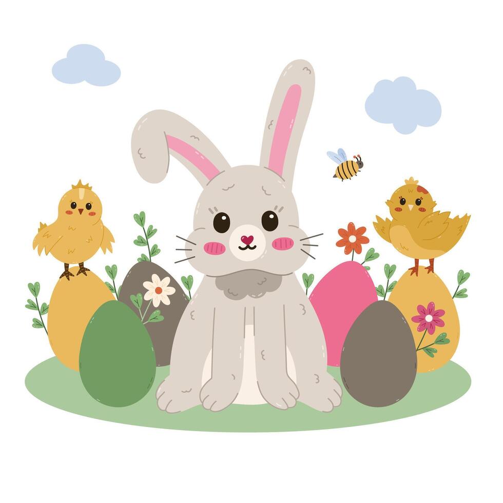 Lovely cartoon Easter illustration with smiling bunny with bent down ear in Easter eggs at lawn with chick, bee, flowers, cloud. Funny religious springtime holiday layout for poster, card, design. vector