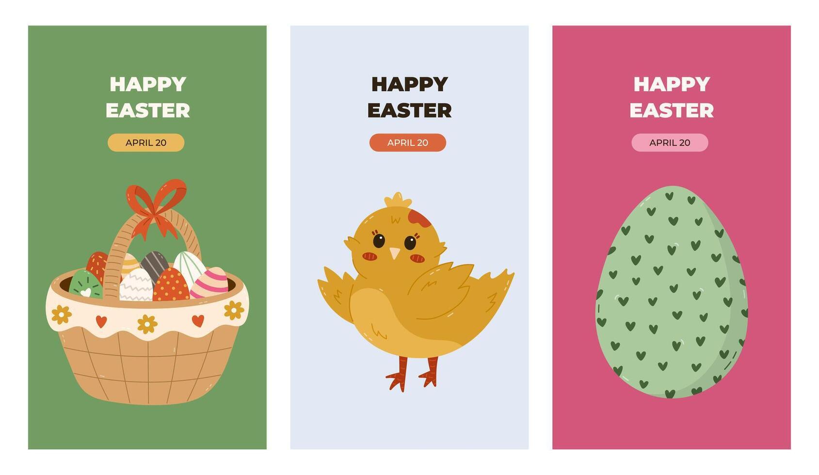 Lovely set of vertical Happy Easter posters with cute baby chicken, holiday basket with painted Easter egg. Trendy minimalist collection of banner, cover, background with colorful cartoon clipart. vector