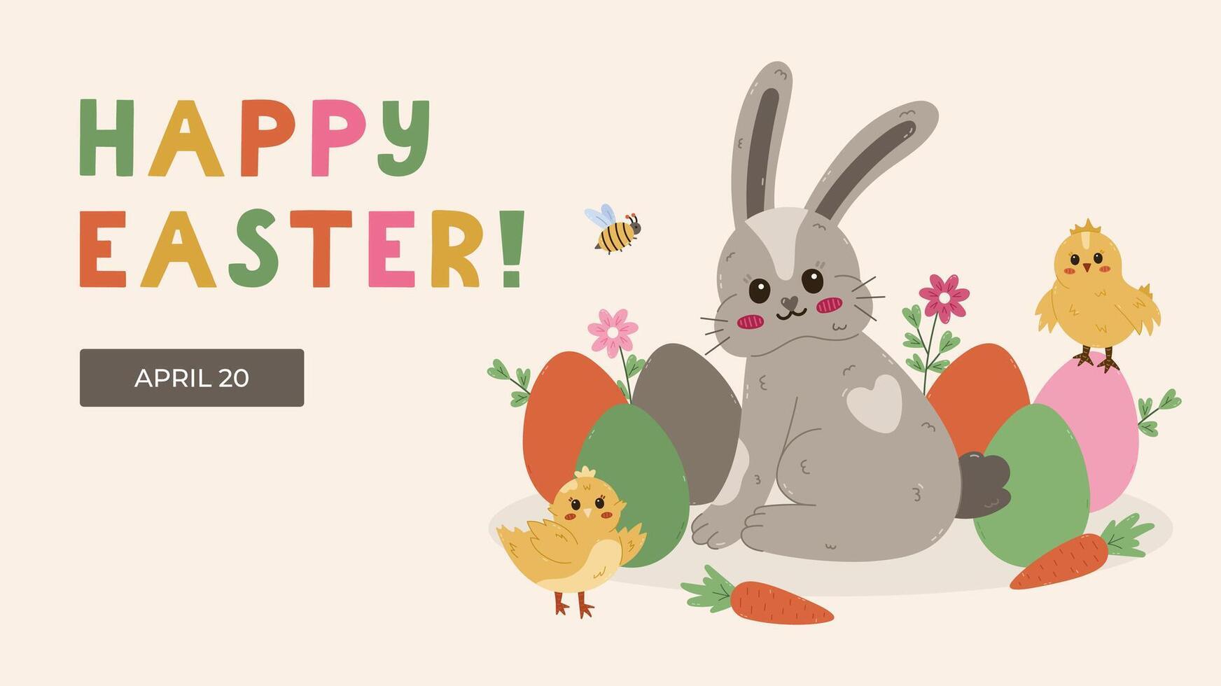 Horizontal minimalistic banner for Happy Easter Day with fluffy bunny in Easter eggs at meadow, chick, honeybee, flowers. Simple holiday illustration for poster, website background, social media. vector