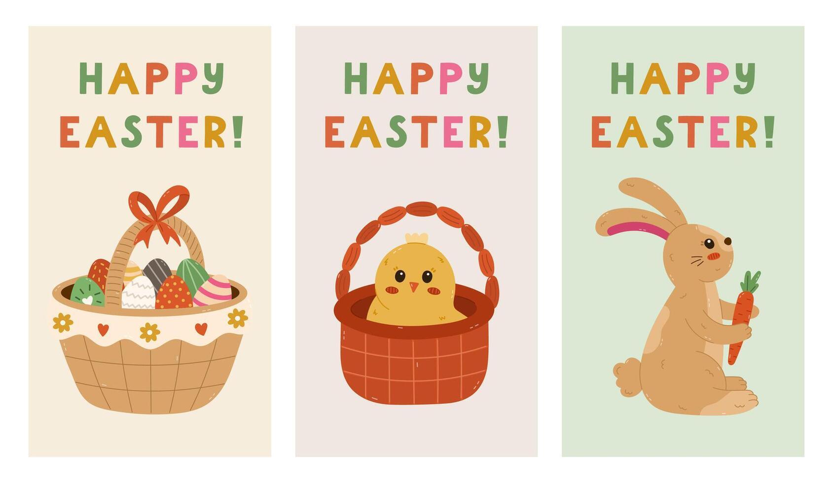 Nice colorful Happy Easter poster set with fluffy bunny, baby chick in basket, painted Easter egg package. Simple collection of springtime banner, cover, background with hand drawn illustration. vector