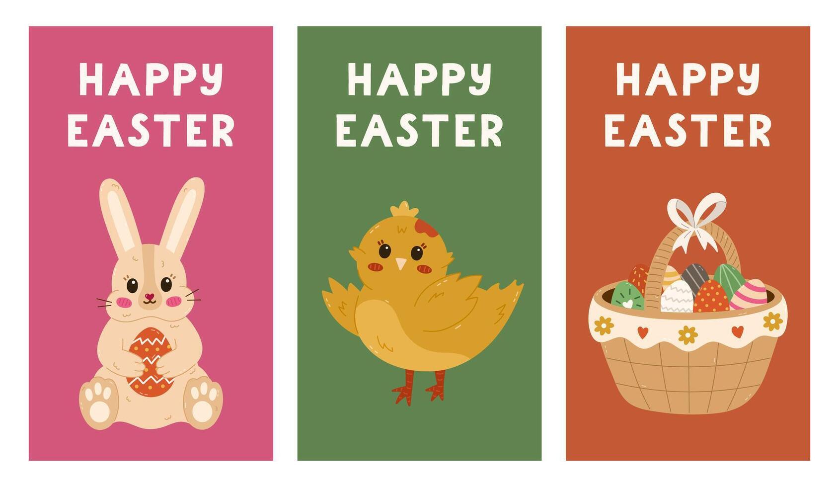 Lovely set of vertical Happy Easter posters with funny bunny, greeting chick, basket full of patterned Easter egg. Trendy pack of simple banner, background with colourful clipart and lettering. vector