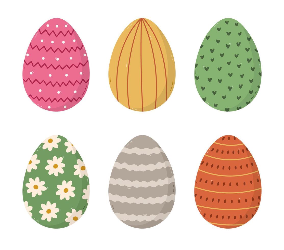 Lovely cartoon set of patterned Easter egg with zigzag, dot, wavy stripes, heart ornament. Colourful hand drawn symbol of Easter egg hunt, religious springtime festival. Cute doodle isolated on white. vector