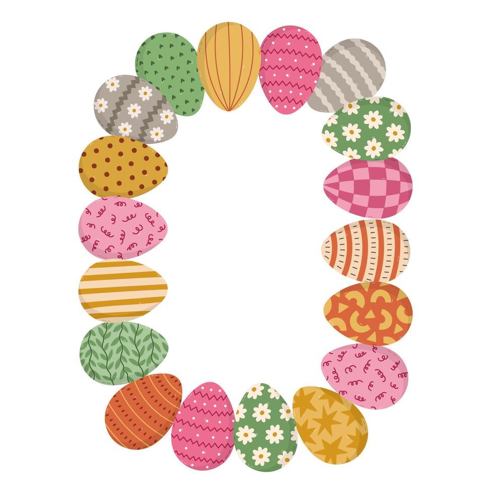 Lovely vertical rectangle frame with Easter eggs in vivid colors for poster, design, social media, card. Hand drawn patterned eggs with wide stripes, checkered, swirl. Colourful border for Easter. vector