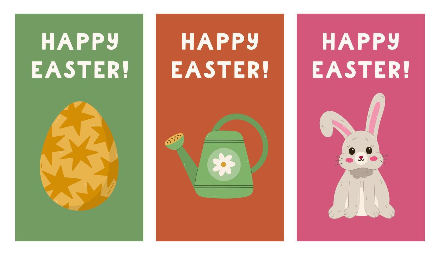 Lovely set of vertical Happy Easter posters with cute bunny with bent down ear, Easter egg, watering can. Trendy minimalist pack of banner, cover with colorful clipart and hand drawn lettering. vector