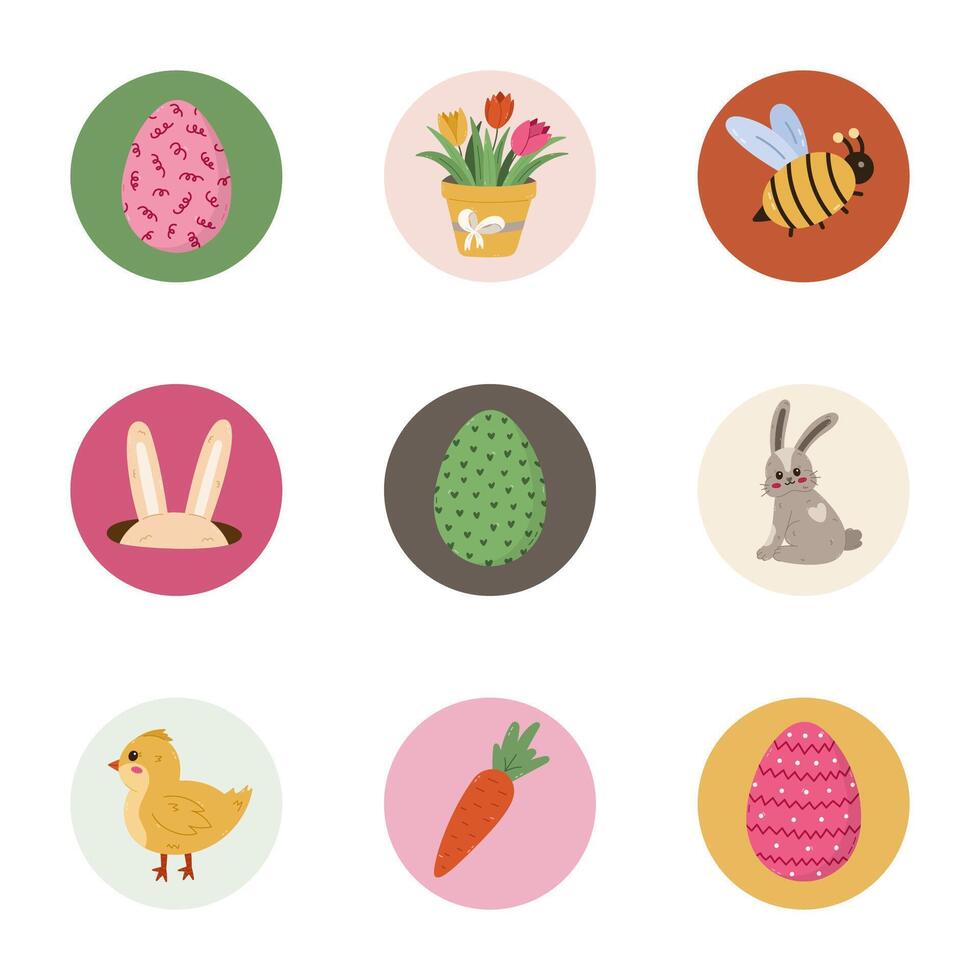 Lovely and cosy round cover icon with Easter springtime illustration for different social media, blogs, business, branding. Highlight icons for stories with bunny, chick, painted egg in pastel colors. vector